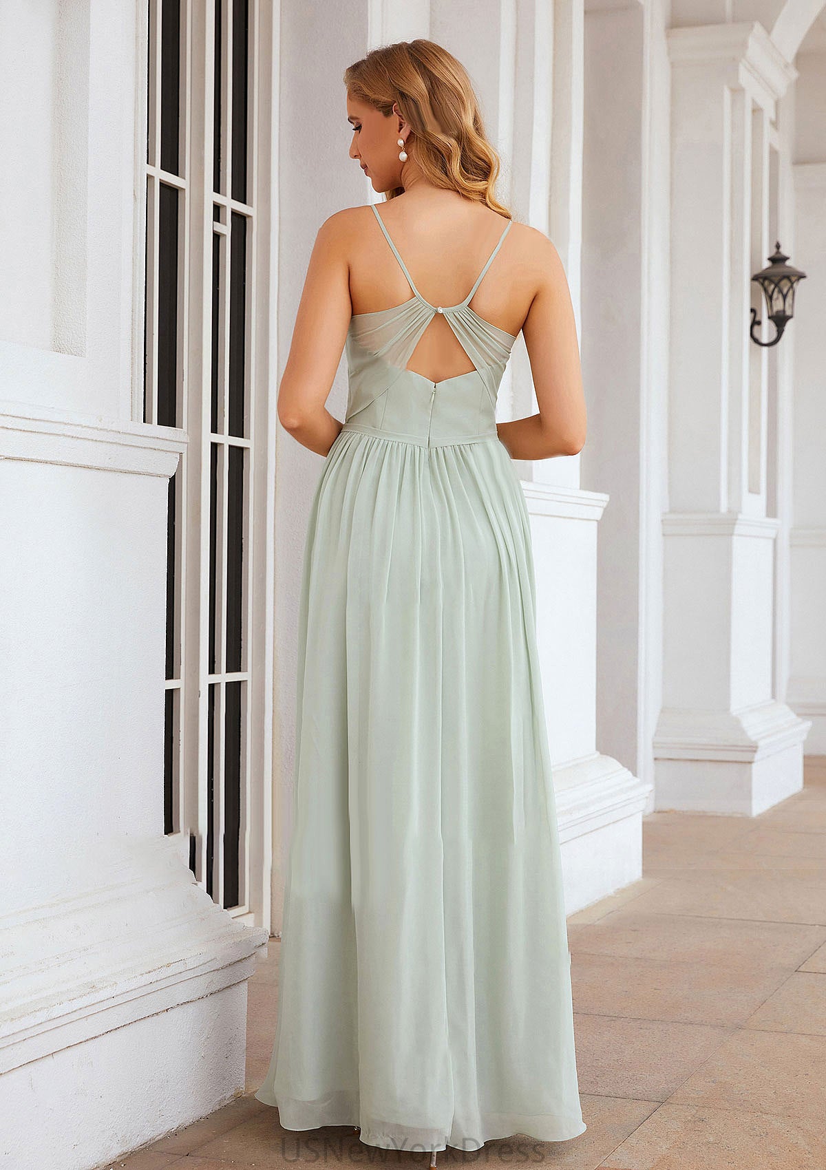 A-line V Neck Sleeveless Long/Floor-Length Chiffon Bridesmaid Dresses With Pleated Split Adyson DJP0025327