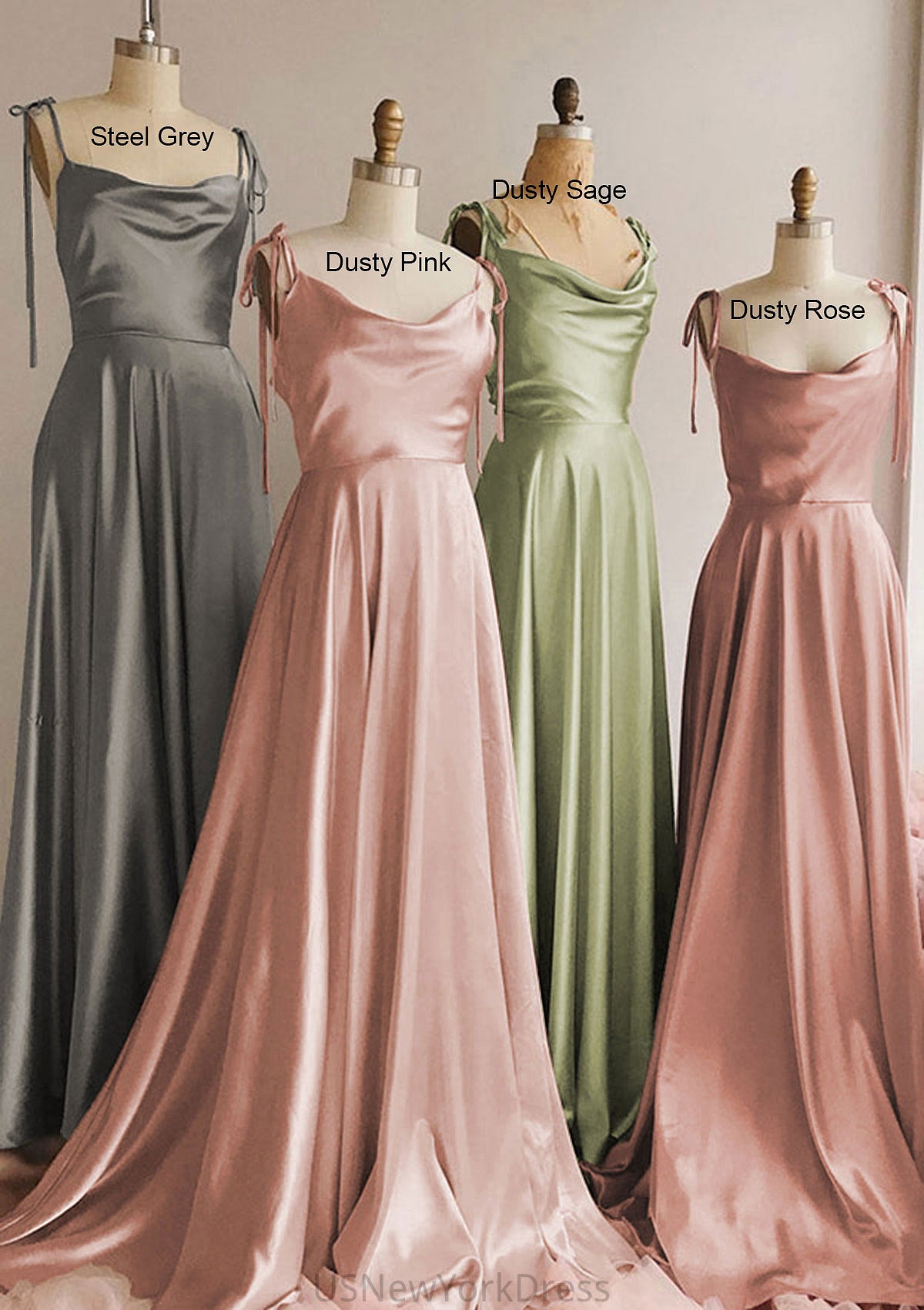 A-line Cowl Neck Spaghetti Straps Long/Floor-Length Charmeuse Bridesmaid Dresses With Split Cierra DJP0025330