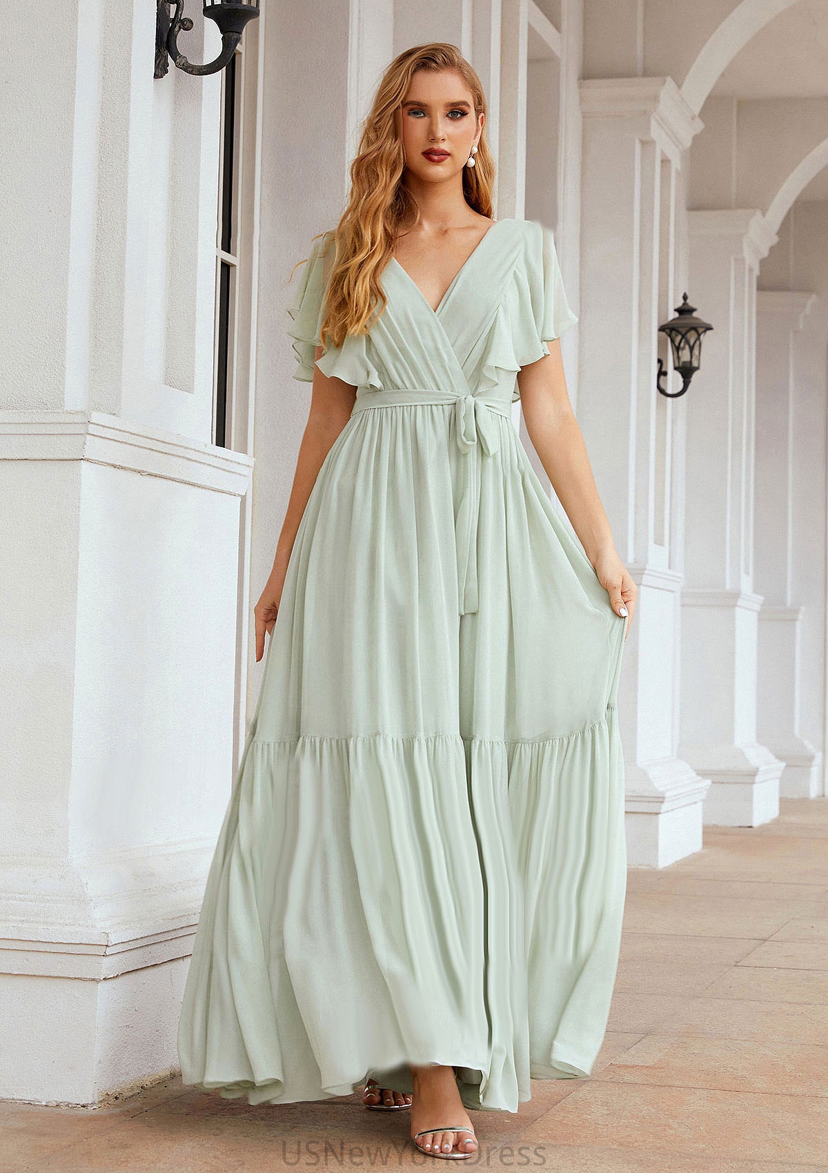 A-line V Neck Short Sleeve Chiffon Long/Floor-Length Bridesmaid Dresses With Pleated Sydnee DJP0025331