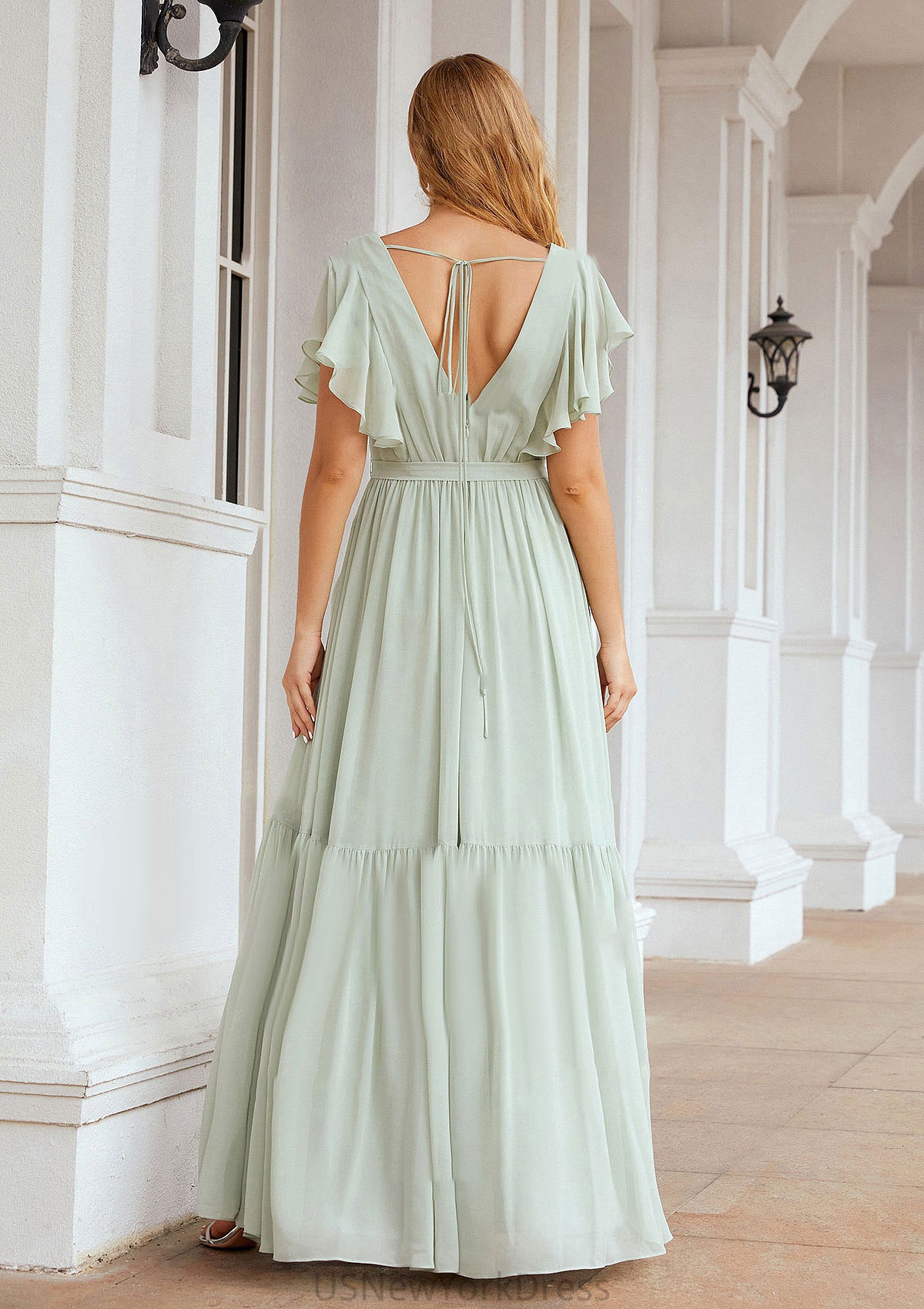 A-line V Neck Short Sleeve Chiffon Long/Floor-Length Bridesmaid Dresses With Pleated Sydnee DJP0025331