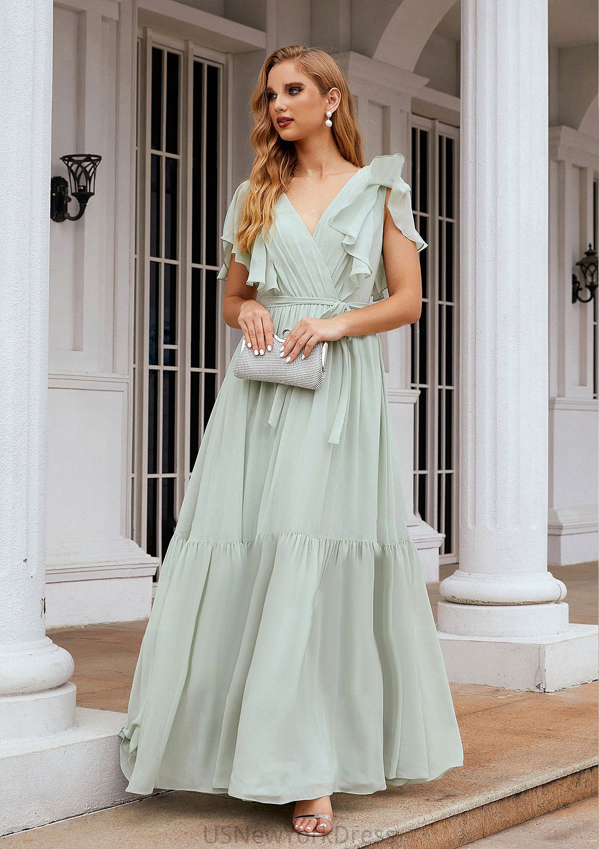 A-line V Neck Short Sleeve Chiffon Long/Floor-Length Bridesmaid Dresses With Pleated Sydnee DJP0025331