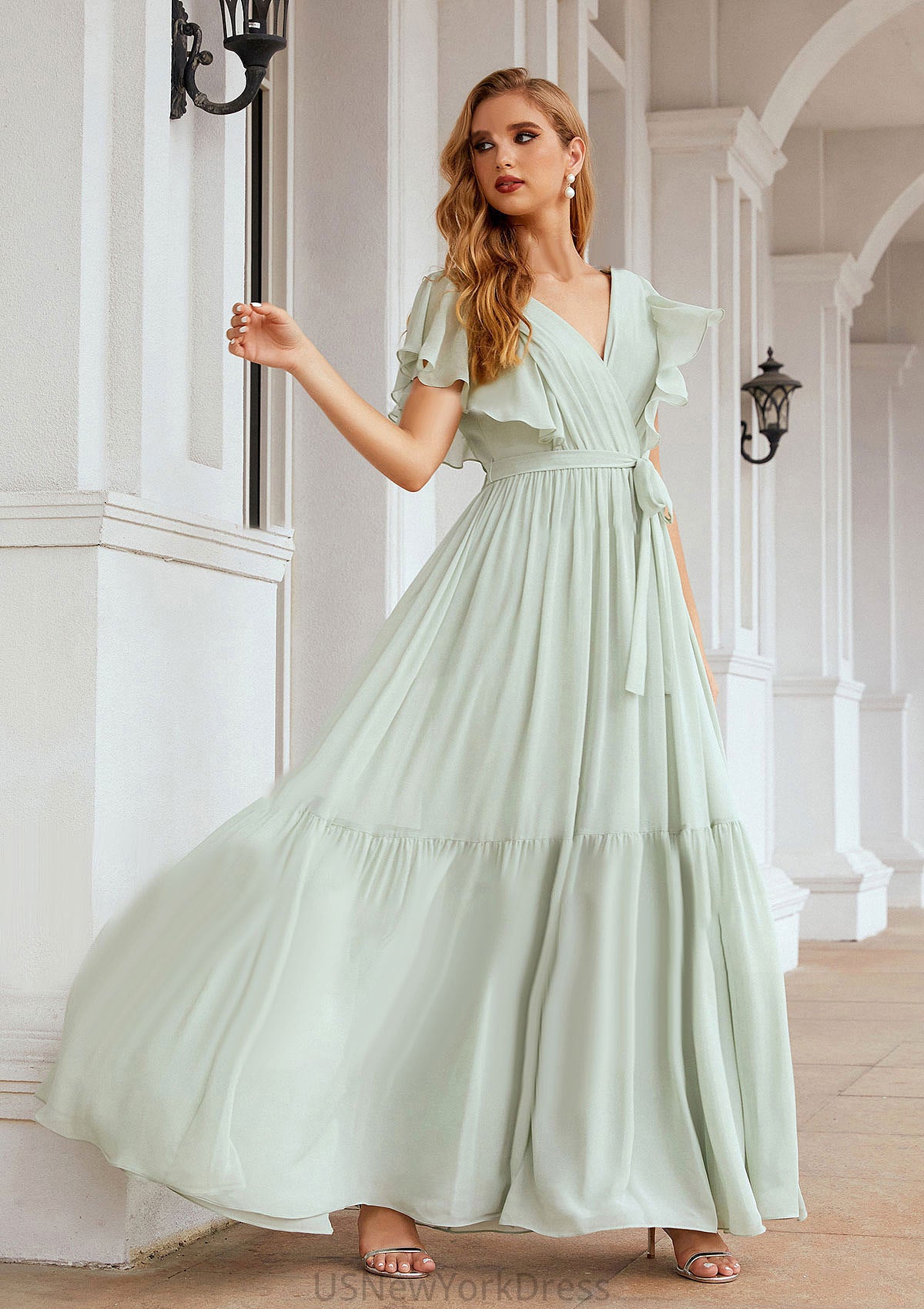 A-line V Neck Short Sleeve Chiffon Long/Floor-Length Bridesmaid Dresses With Pleated Sydnee DJP0025331