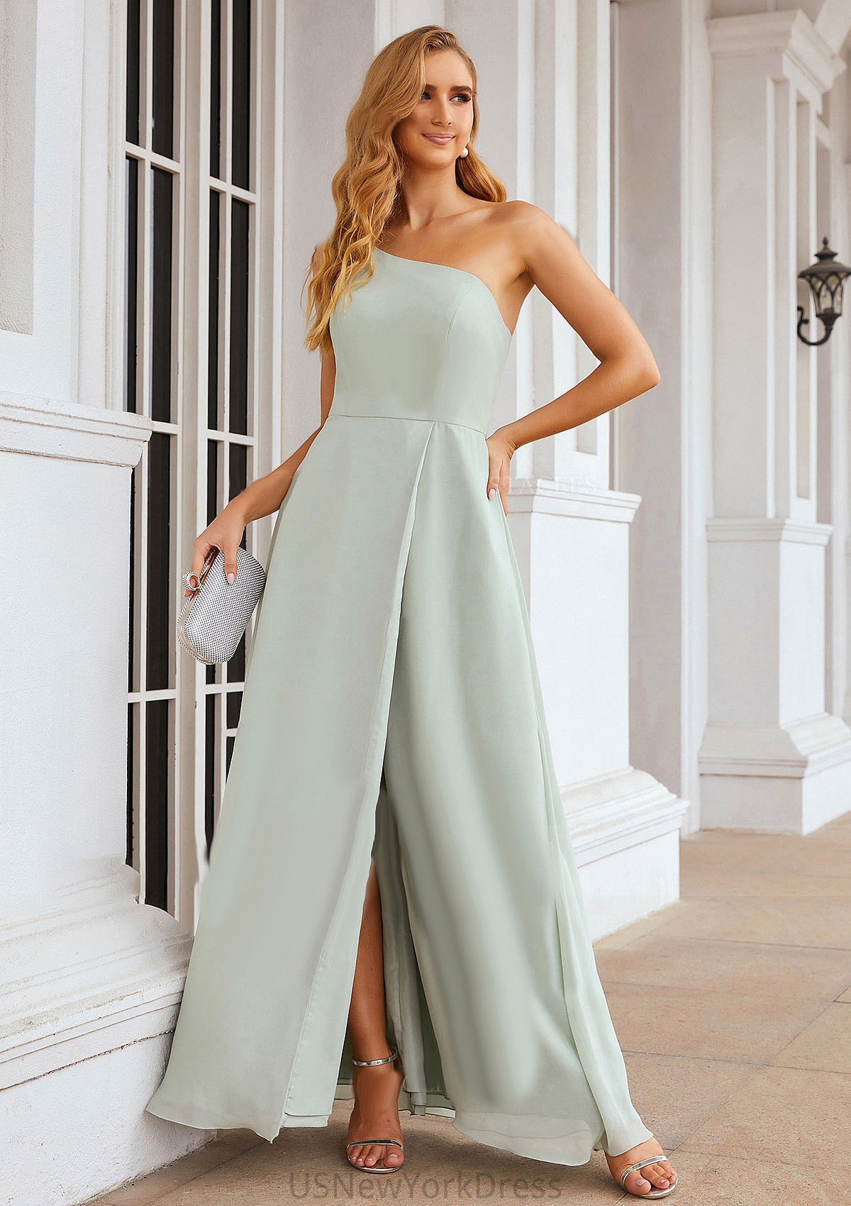 A-line One-Shoulder Sleeveless Long/Floor-Length Chiffon Bridesmaid Dresses With Split Lynn DJP0025333