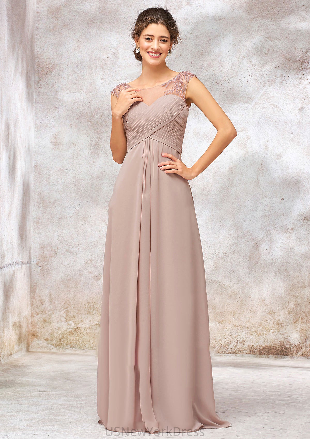 Illusion Neck Long/Floor-Length Chiffon A-line/Princess Bridesmaid Dresses  With Sequins Pleated Beading Tiffany DJP0025334