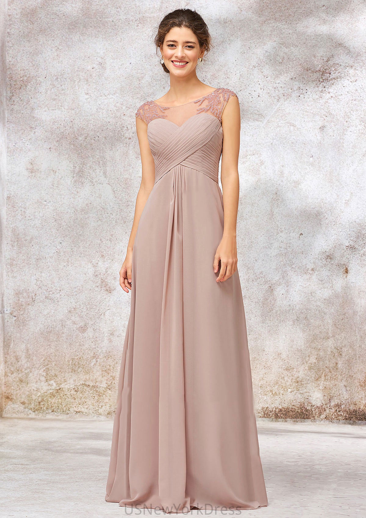 Illusion Neck Long/Floor-Length Chiffon A-line/Princess Bridesmaid Dresses  With Sequins Pleated Beading Tiffany DJP0025334