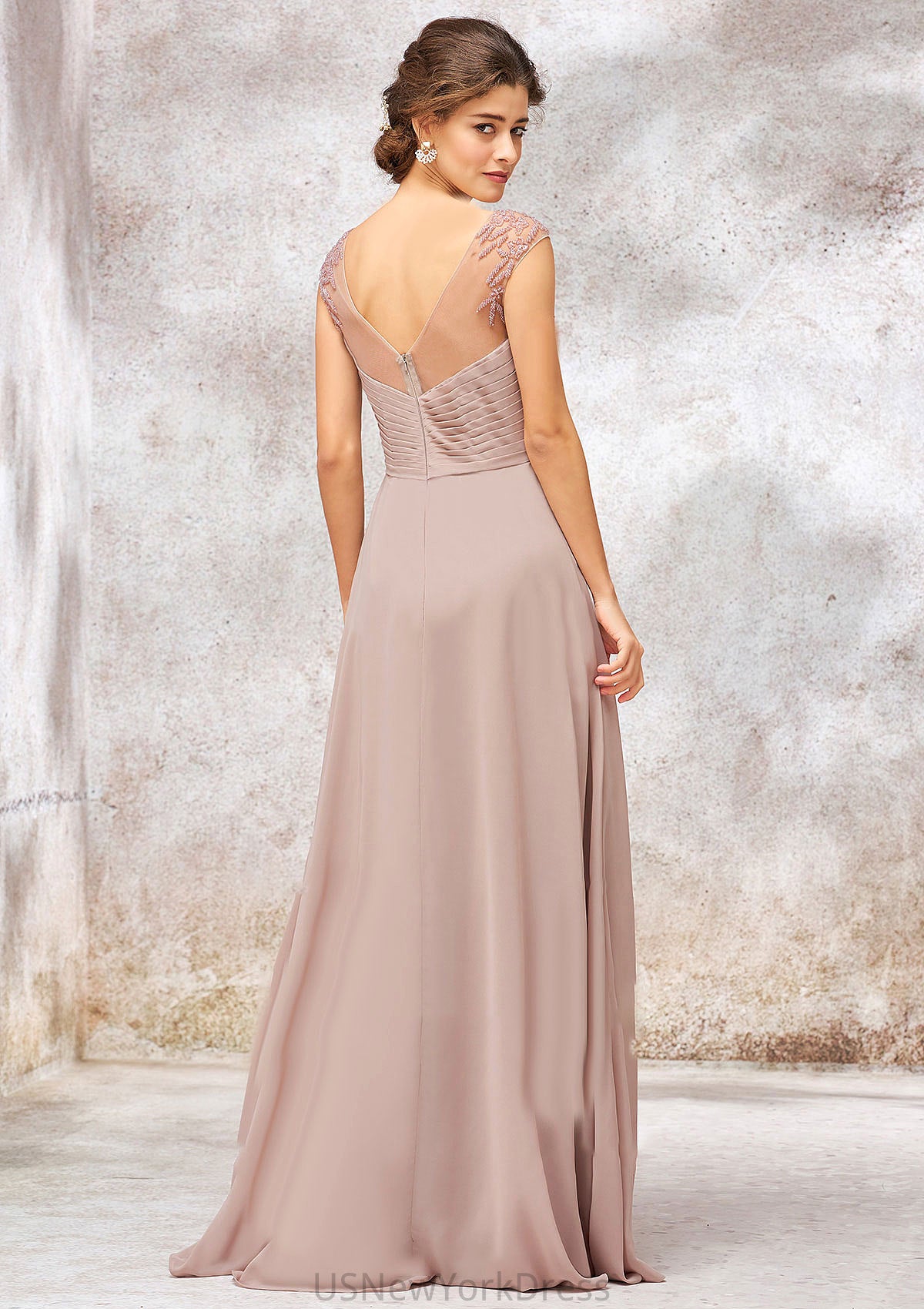 Illusion Neck Long/Floor-Length Chiffon A-line/Princess Bridesmaid Dresses  With Sequins Pleated Beading Tiffany DJP0025334