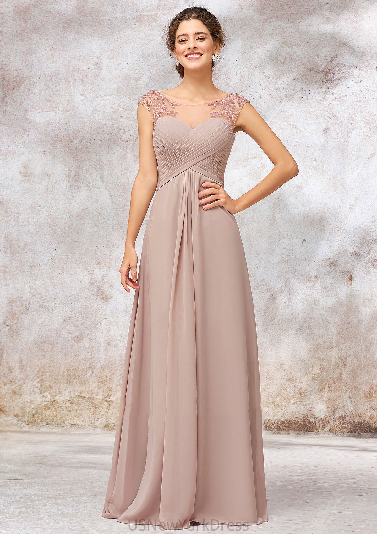 Illusion Neck Long/Floor-Length Chiffon A-line/Princess Bridesmaid Dresses  With Sequins Pleated Beading Tiffany DJP0025334