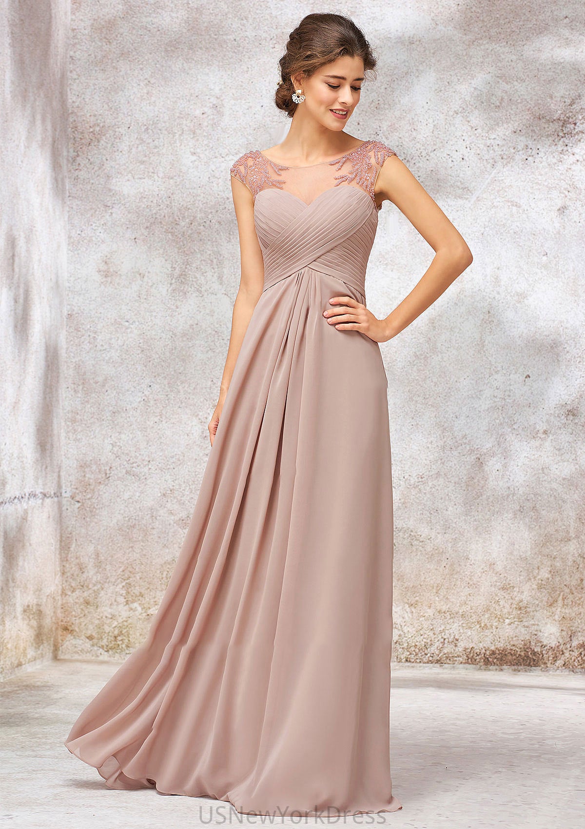 Illusion Neck Long/Floor-Length Chiffon A-line/Princess Bridesmaid Dresses  With Sequins Pleated Beading Tiffany DJP0025334