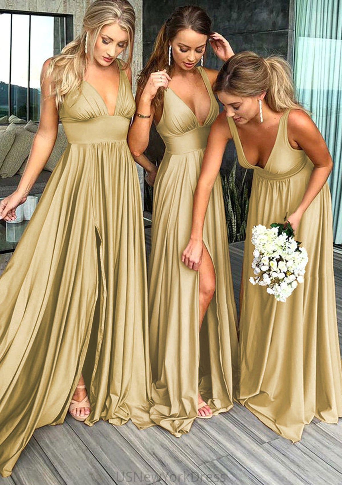 A-Line/Princess V-Neck Sweep Train Jersey Bridesmaid Dresses With Split Front Pleated Waistband Keira DJP0025336