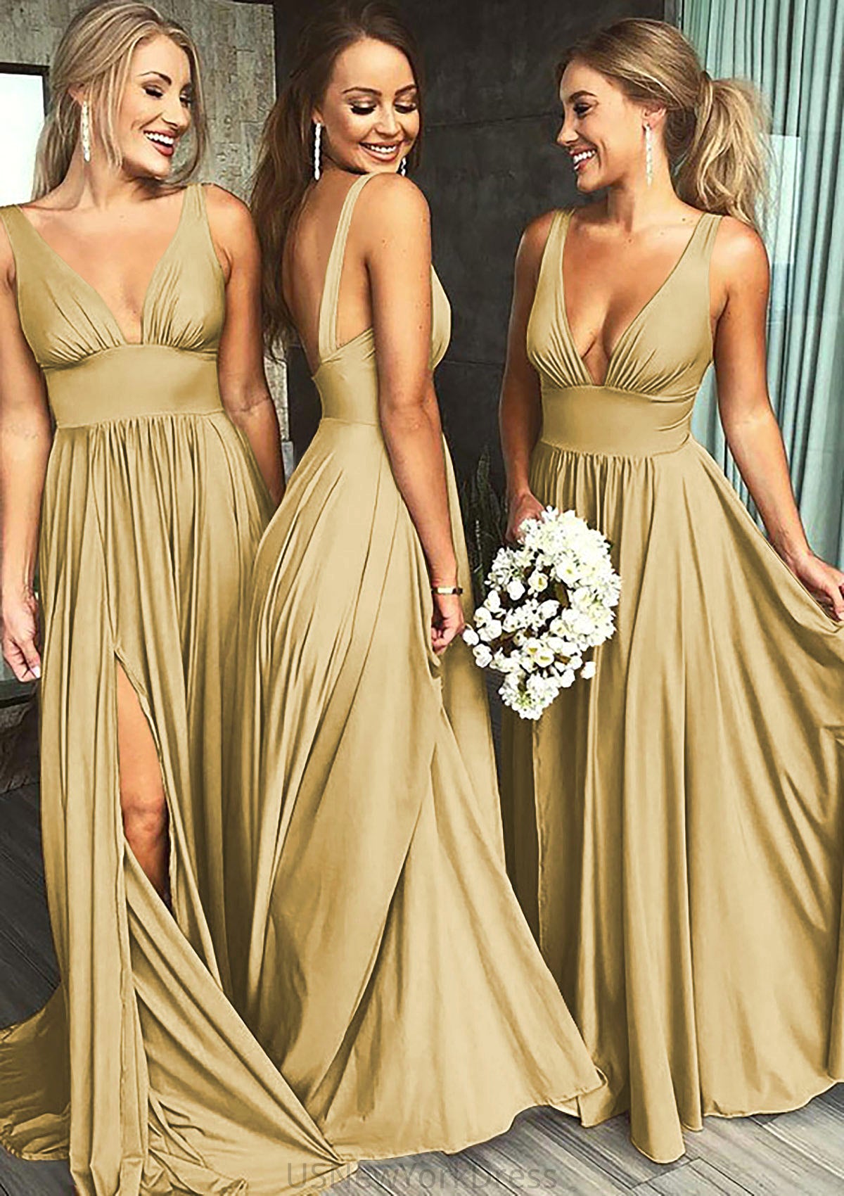 A-Line/Princess V-Neck Sweep Train Jersey Bridesmaid Dresses With Split Front Pleated Waistband Keira DJP0025336