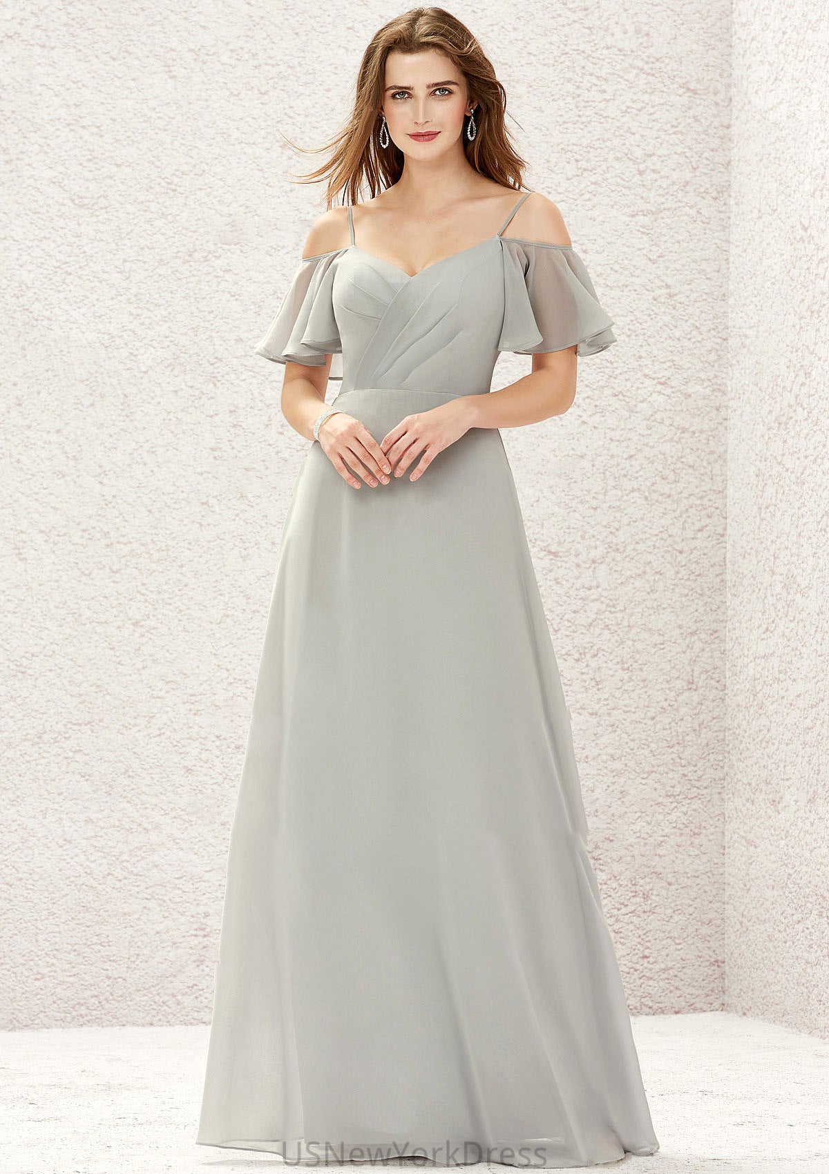 A-line Sweetheart Short Sleeve Long/Floor-Length Chiffon Bridesmaid Dresses With Pleated Mallory DJP0025338