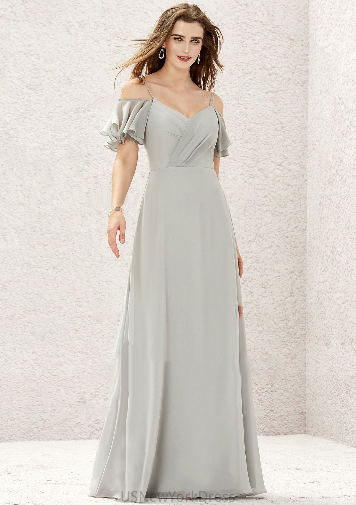 A-line Sweetheart Short Sleeve Long/Floor-Length Chiffon Bridesmaid Dresses With Pleated Mallory DJP0025338