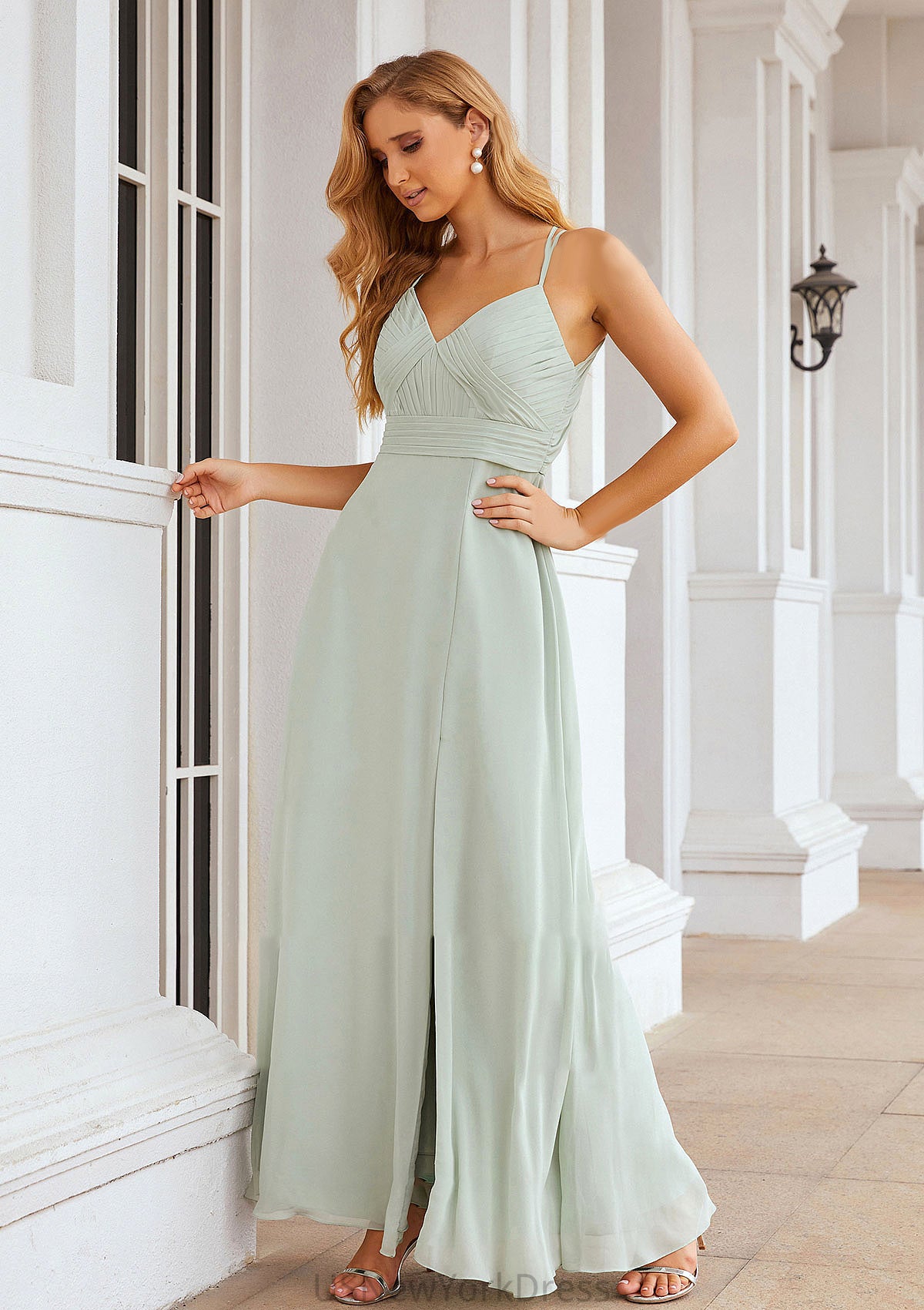 A-line Sweetheart Sleeveless Long/Floor-Length Chiffon Bridesmaid Dresses With Pleated Split.co.uk Ingrid DJP0025339