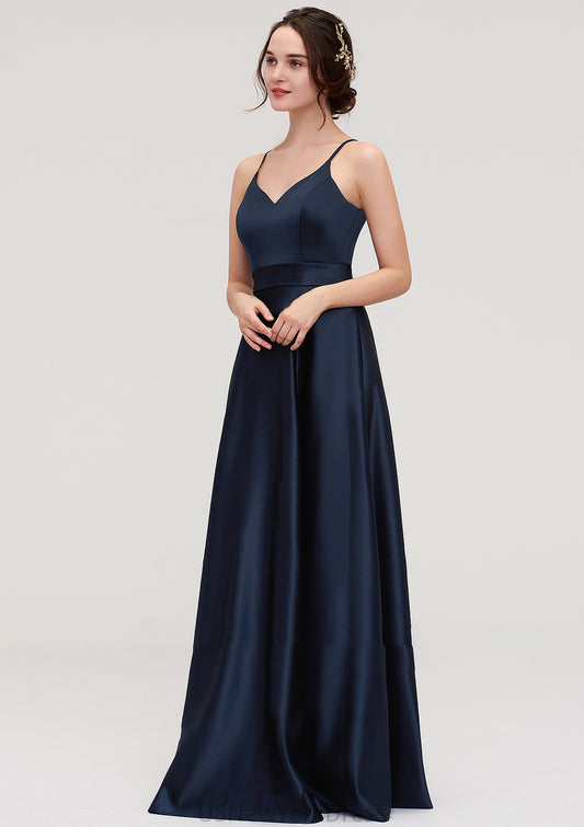 V Neck Sleeveless Long/Floor-Length Satin A-line/Princess Bridesmaid Dresseses Nellie DJP0025345