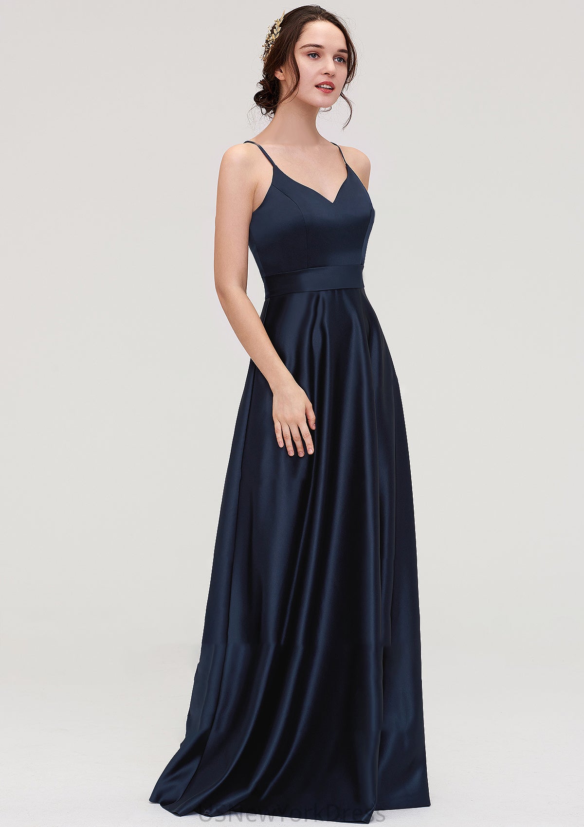 V Neck Sleeveless Long/Floor-Length Satin A-line/Princess Bridesmaid Dresseses Nellie DJP0025345