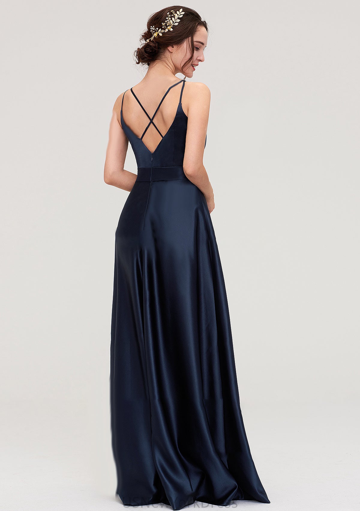 V Neck Sleeveless Long/Floor-Length Satin A-line/Princess Bridesmaid Dresseses Nellie DJP0025345