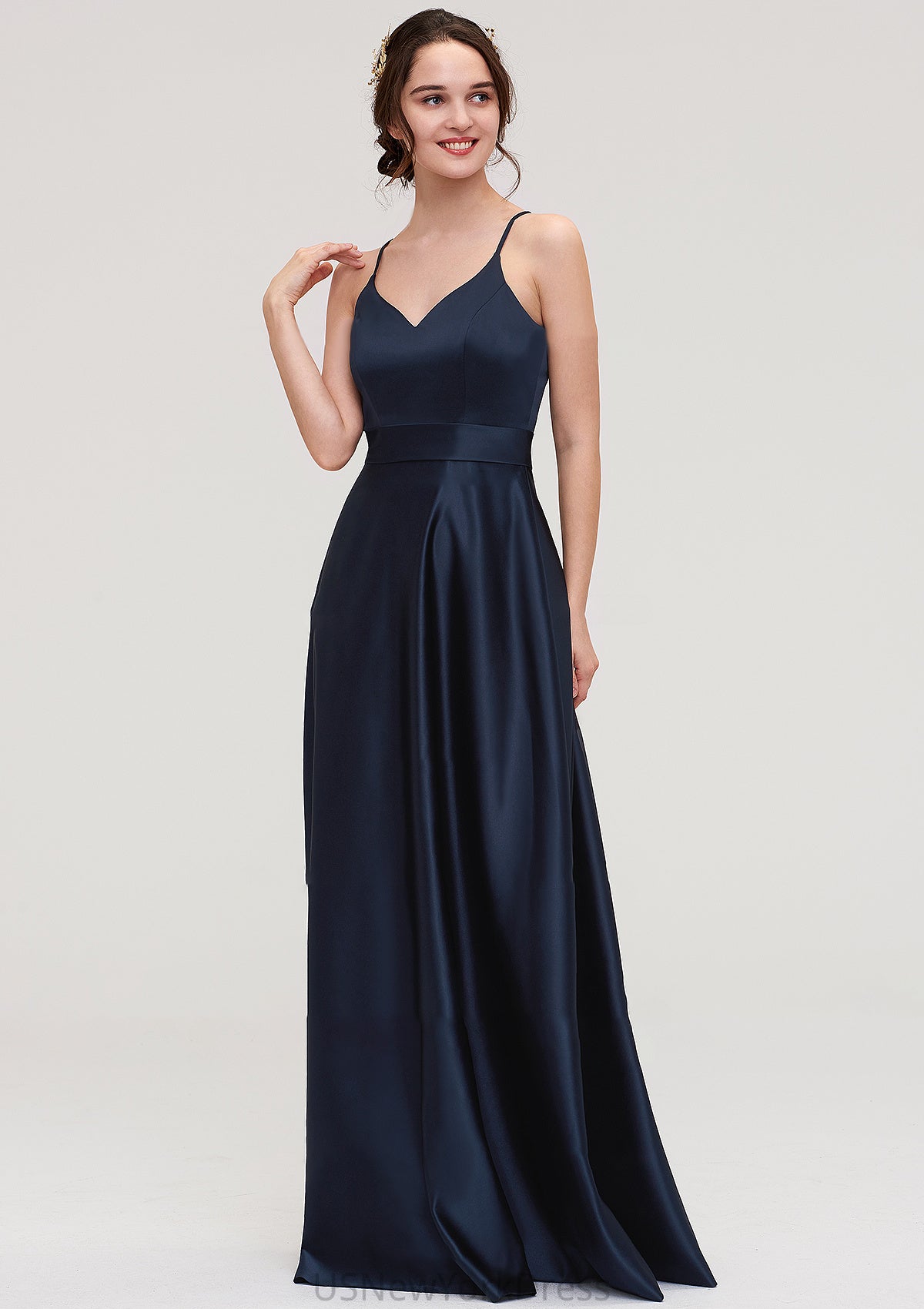 V Neck Sleeveless Long/Floor-Length Satin A-line/Princess Bridesmaid Dresseses Nellie DJP0025345