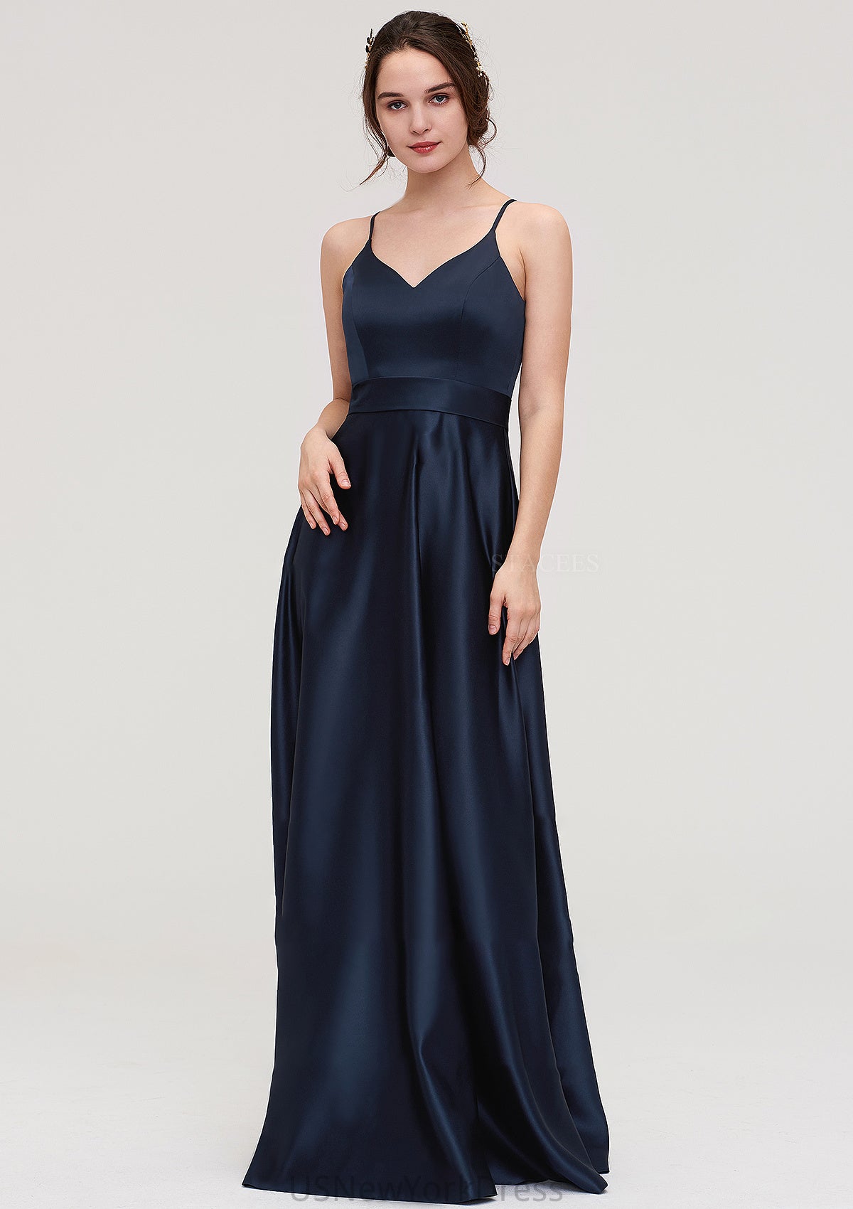 V Neck Sleeveless Long/Floor-Length Satin A-line/Princess Bridesmaid Dresseses Nellie DJP0025345