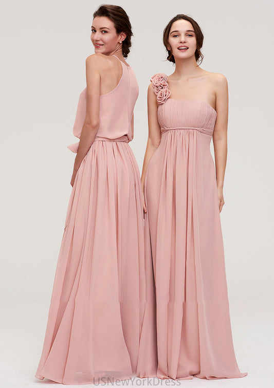 Sleeveless One-Shoulder Long/Floor-Length Chiffon A-line/Princess Bridesmaid Dresses With Pleated Flowers Esperanza DJP0025346