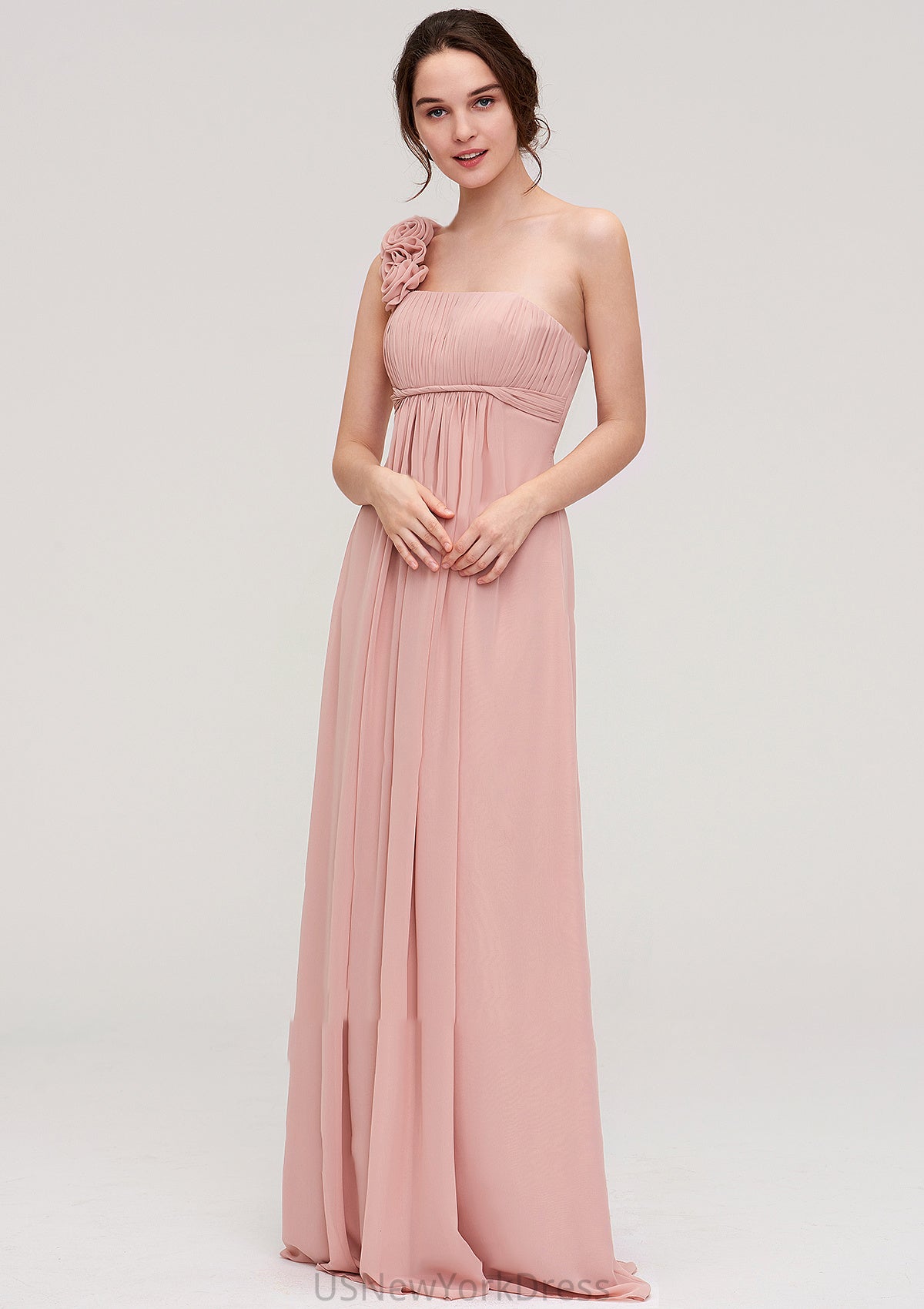 Sleeveless One-Shoulder Long/Floor-Length Chiffon A-line/Princess Bridesmaid Dresses With Pleated Flowers Esperanza DJP0025346