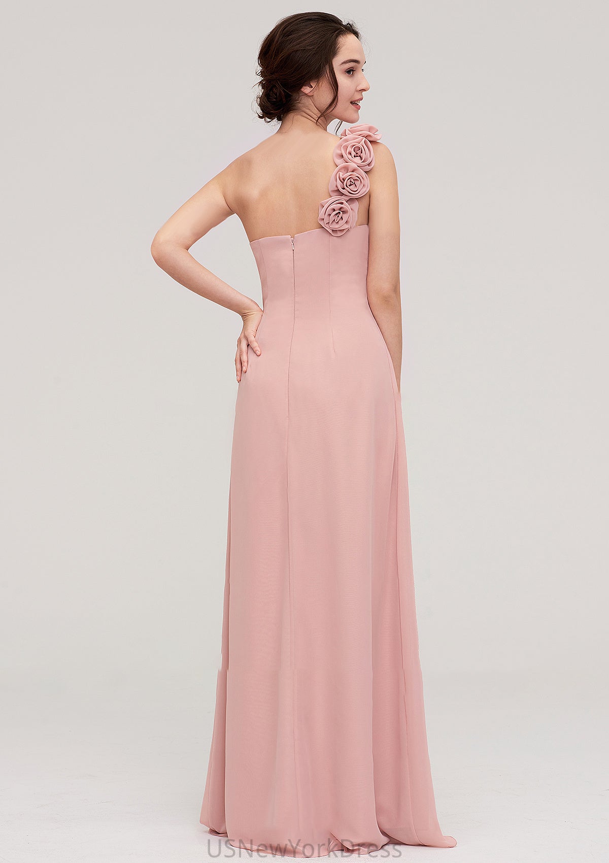 Sleeveless One-Shoulder Long/Floor-Length Chiffon A-line/Princess Bridesmaid Dresses With Pleated Flowers Esperanza DJP0025346