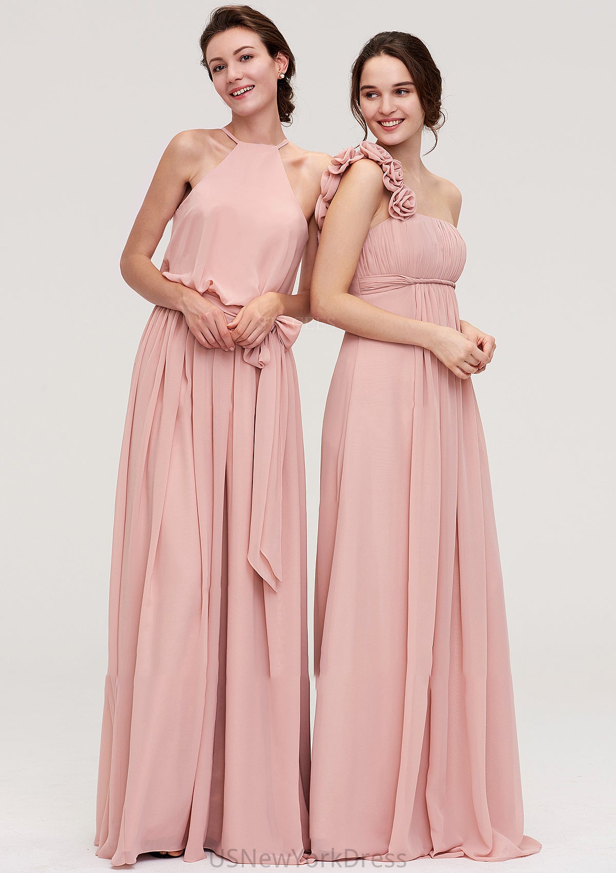 Sleeveless One-Shoulder Long/Floor-Length Chiffon A-line/Princess Bridesmaid Dresses With Pleated Flowers Esperanza DJP0025346