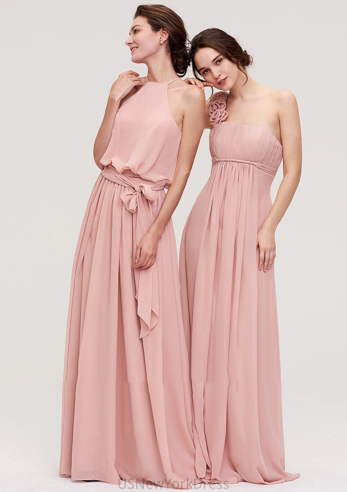 Sleeveless One-Shoulder Long/Floor-Length Chiffon A-line/Princess Bridesmaid Dresses With Pleated Flowers Esperanza DJP0025346