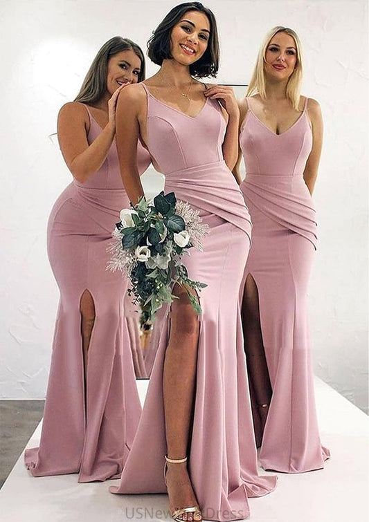 Trumpet/Mermaid V Neck Sleeveless Long/Floor-Length Elastic Satin Bridesmaid Dresses With Pleated Split Juliana DJP0025347