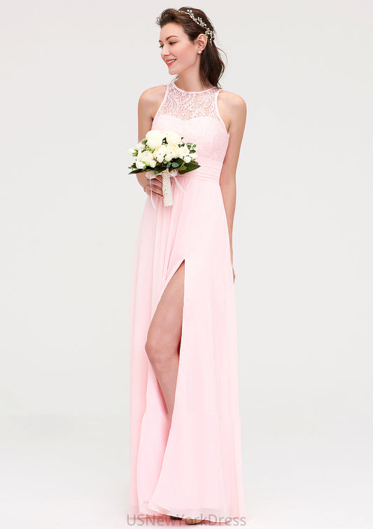 Sleeveless Scoop Neck Chiffon A-line/Princess Long/Floor-Length Bridesmaid Dresseses With Split Lace Hailee DJP0025349