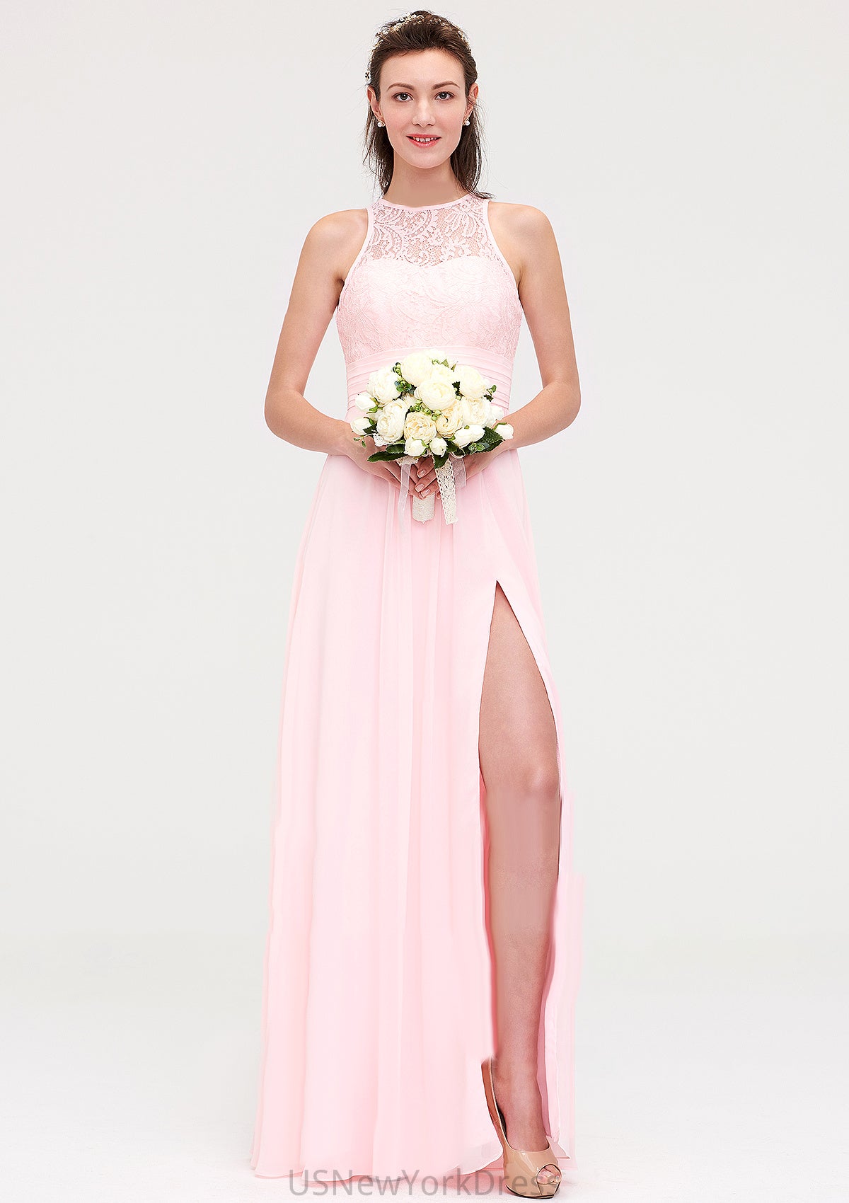 Sleeveless Scoop Neck Chiffon A-line/Princess Long/Floor-Length Bridesmaid Dresseses With Split Lace Hailee DJP0025349