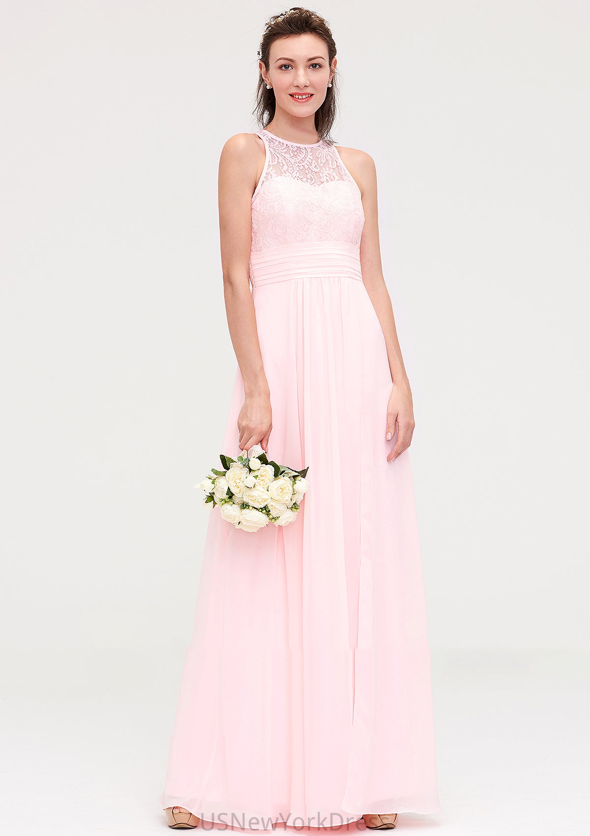 Sleeveless Scoop Neck Chiffon A-line/Princess Long/Floor-Length Bridesmaid Dresseses With Split Lace Hailee DJP0025349