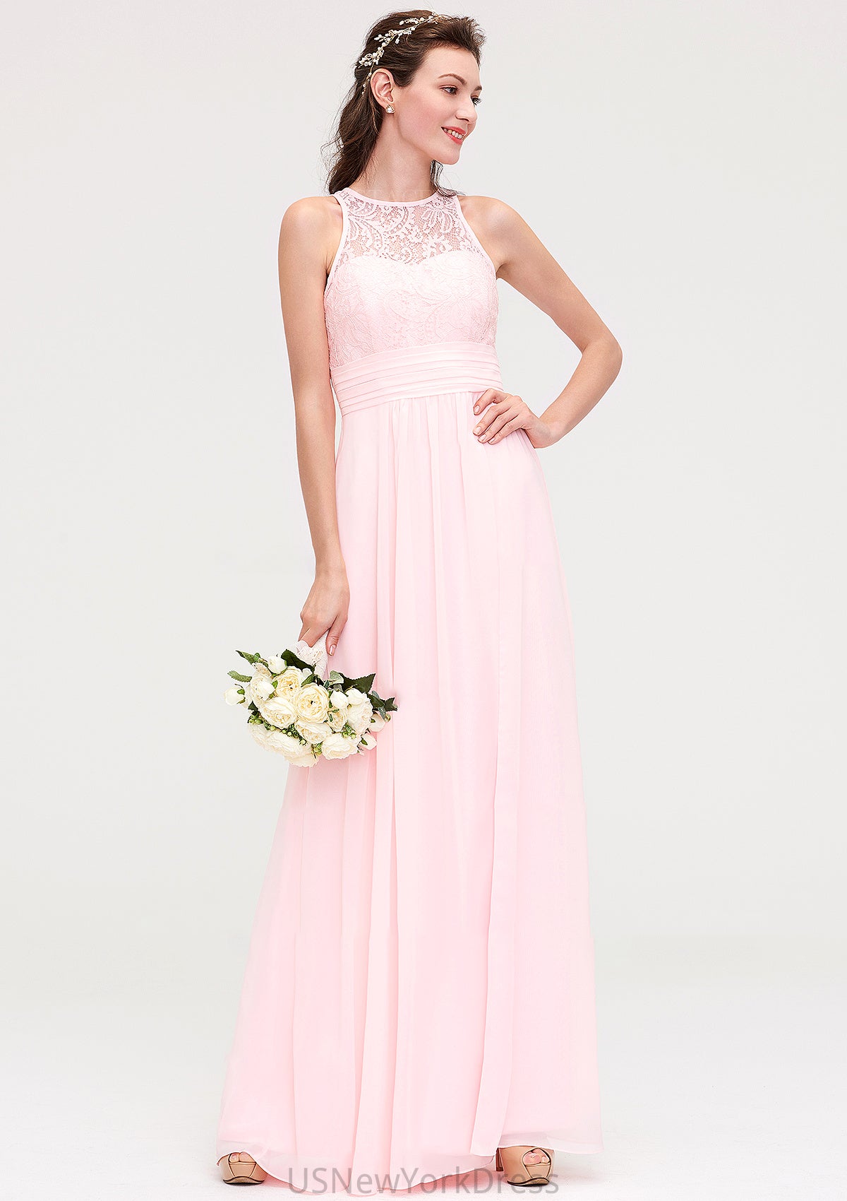 Sleeveless Scoop Neck Chiffon A-line/Princess Long/Floor-Length Bridesmaid Dresseses With Split Lace Hailee DJP0025349