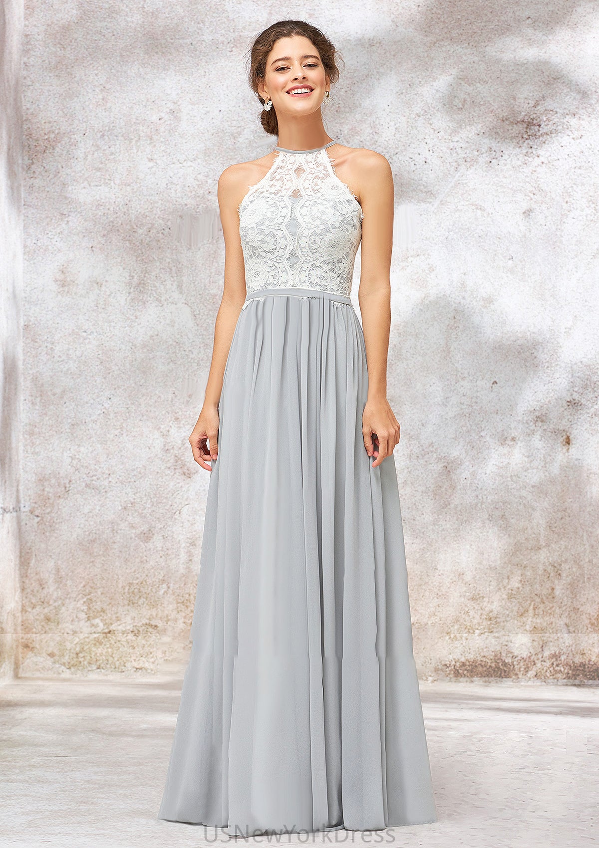 Scoop Neck A-line/Princess Sleeveless Chiffon Long/Floor-Length Bridesmaid Dresses With Lace Teagan DJP0025350