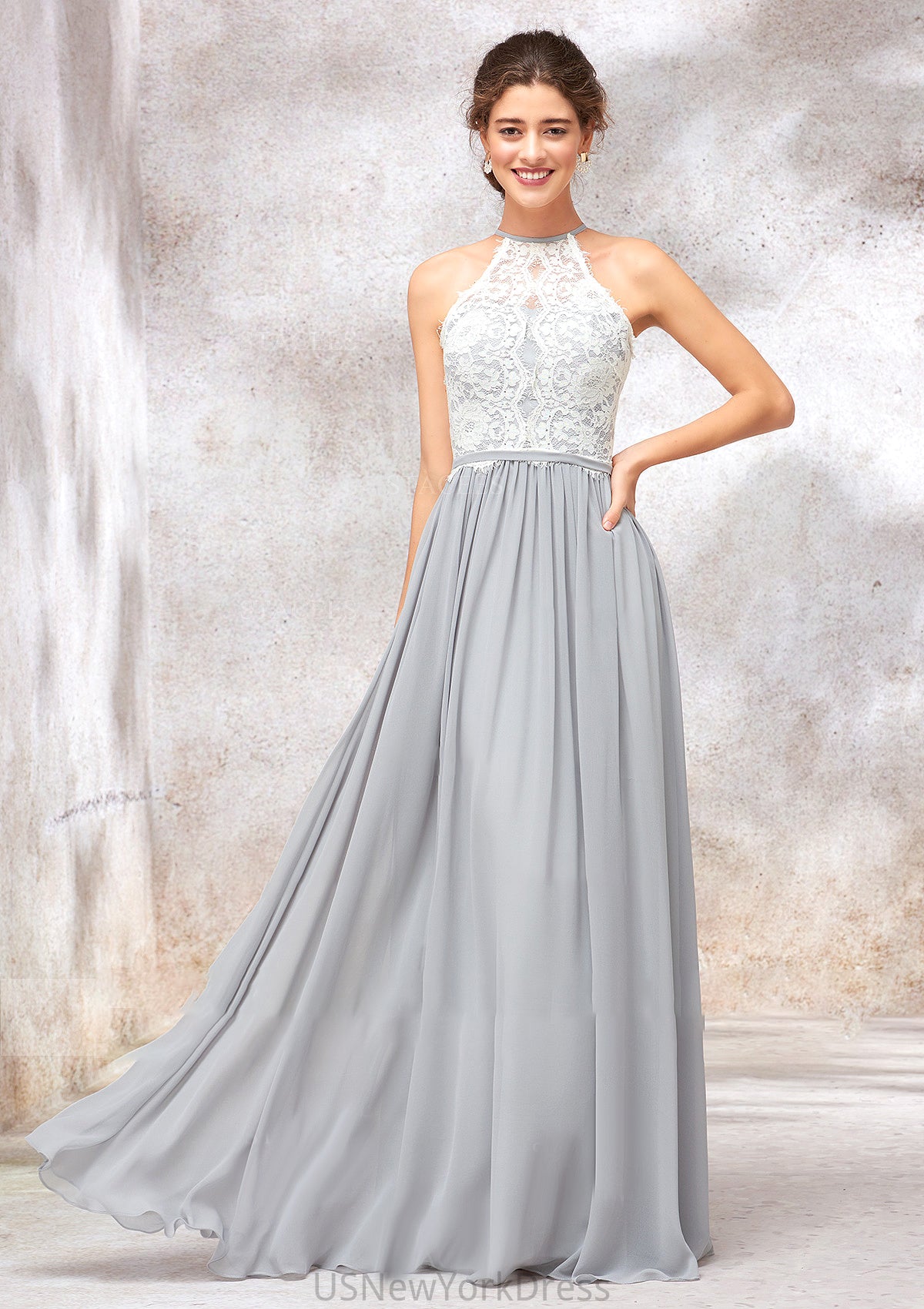 Scoop Neck A-line/Princess Sleeveless Chiffon Long/Floor-Length Bridesmaid Dresses With Lace Teagan DJP0025350