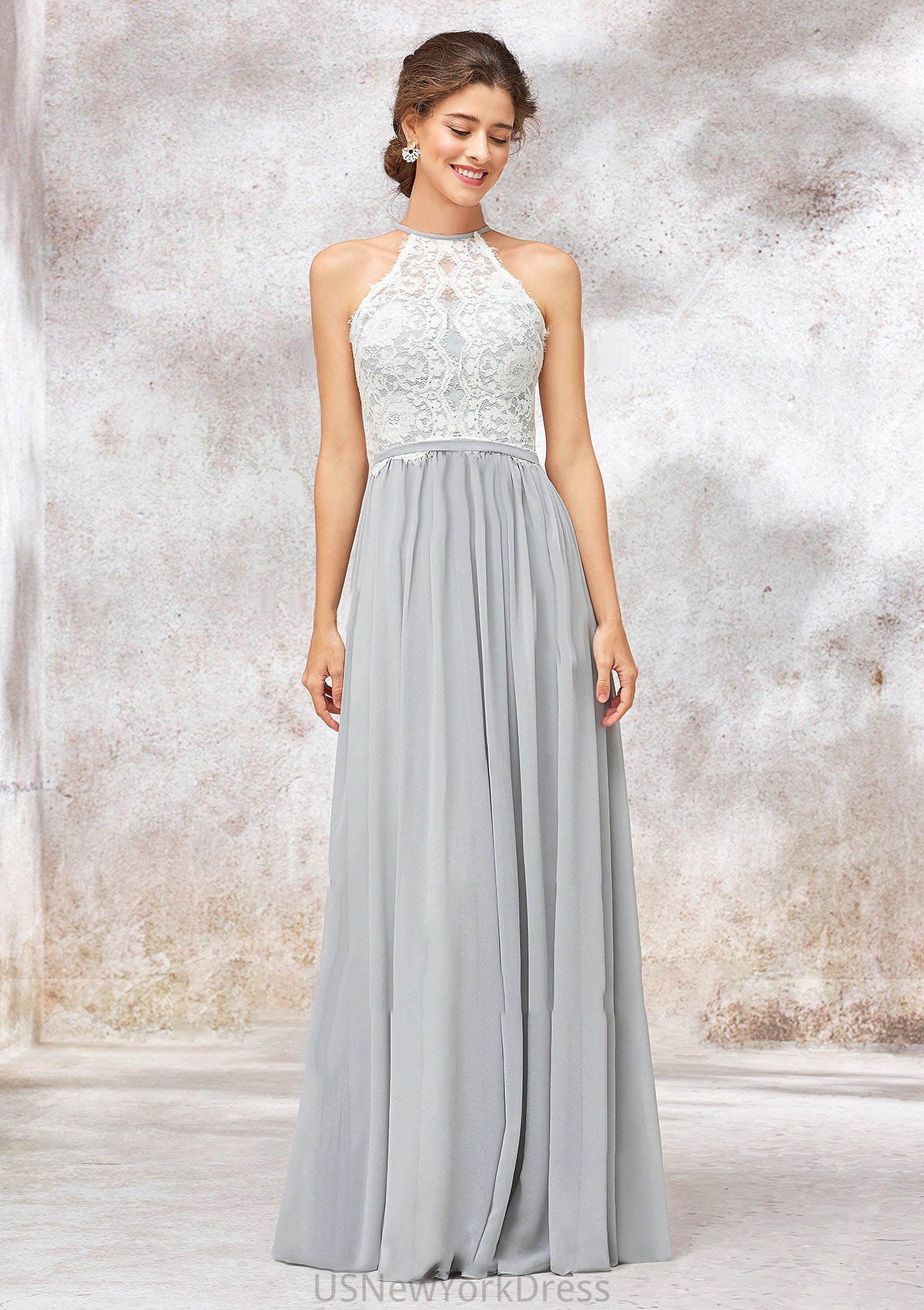 Scoop Neck A-line/Princess Sleeveless Chiffon Long/Floor-Length Bridesmaid Dresses With Lace Teagan DJP0025350