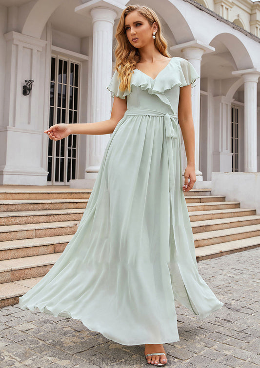 A-line V Neck Short Sleeve Long/Floor-Length Chiffon Bridesmaid Dresses With Sashes Ruffles Maya DJP0025352