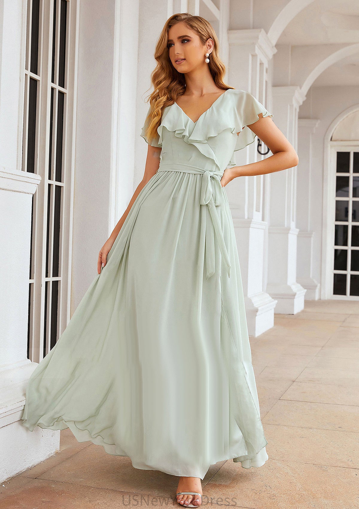 A-line V Neck Short Sleeve Long/Floor-Length Chiffon Bridesmaid Dresses With Sashes Ruffles Maya DJP0025352