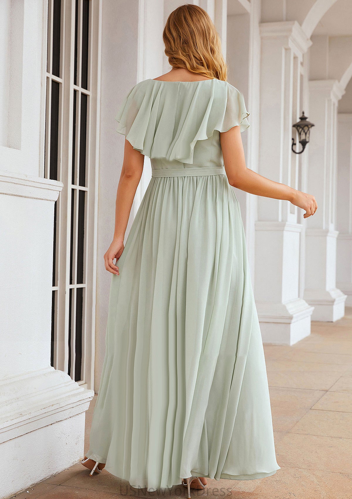 A-line V Neck Short Sleeve Long/Floor-Length Chiffon Bridesmaid Dresses With Sashes Ruffles Maya DJP0025352