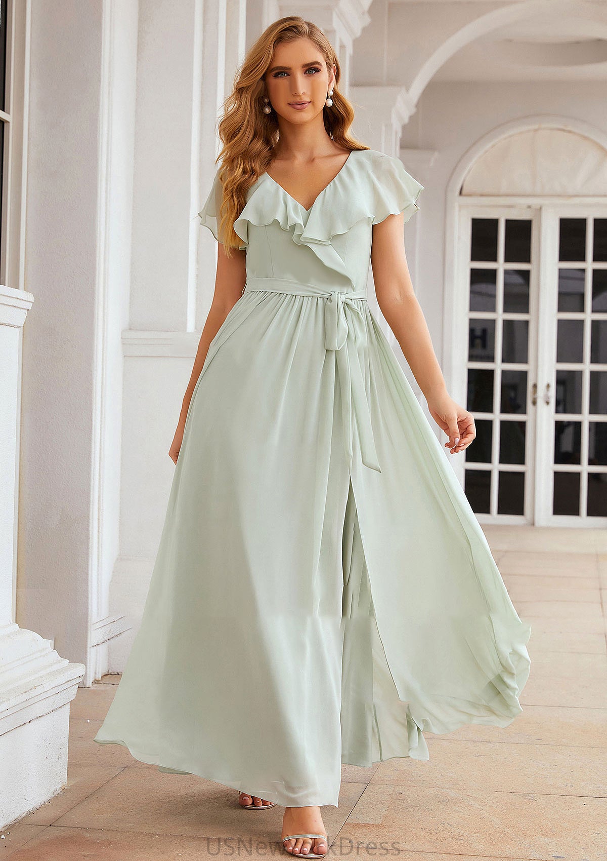 A-line V Neck Short Sleeve Long/Floor-Length Chiffon Bridesmaid Dresses With Sashes Ruffles Maya DJP0025352