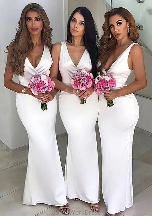 Sheath/Column V Neck Sleeveless Long/Floor-Length Satin Bridesmaid Dresses With Pleated Francesca DJP0025354