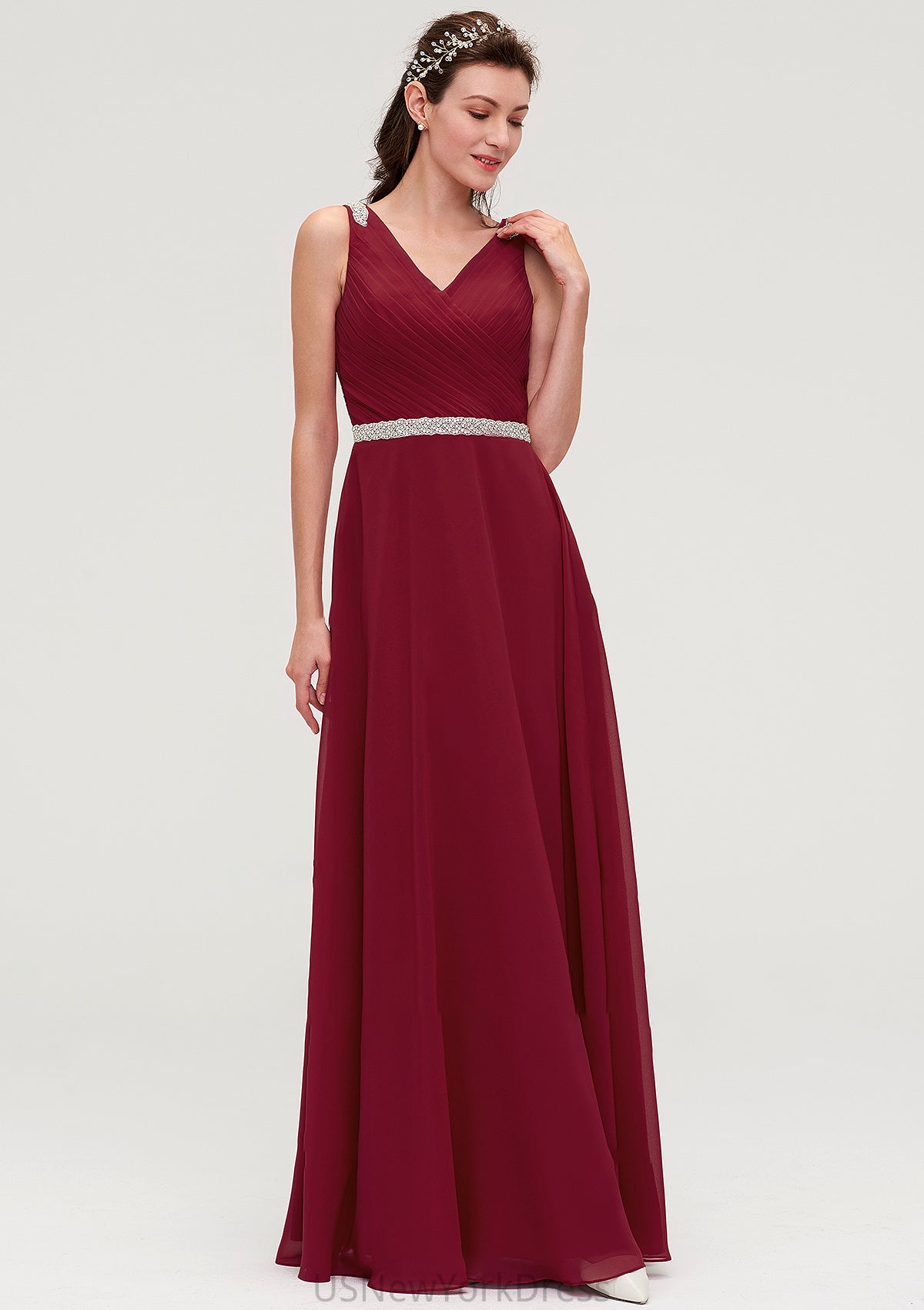 V Neck Sleeveless Chiffon A-line/Princess Long/Floor-Length Bridesmaid Dresseses With Waistband Beading Pleated Jazmine DJP0025355