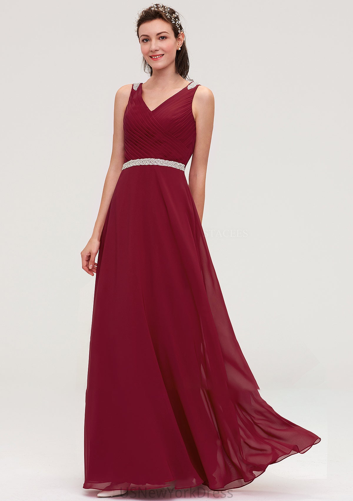 V Neck Sleeveless Chiffon A-line/Princess Long/Floor-Length Bridesmaid Dresseses With Waistband Beading Pleated Jazmine DJP0025355