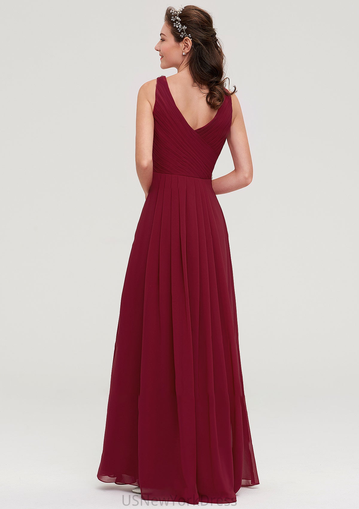 V Neck Sleeveless Chiffon A-line/Princess Long/Floor-Length Bridesmaid Dresseses With Waistband Beading Pleated Jazmine DJP0025355