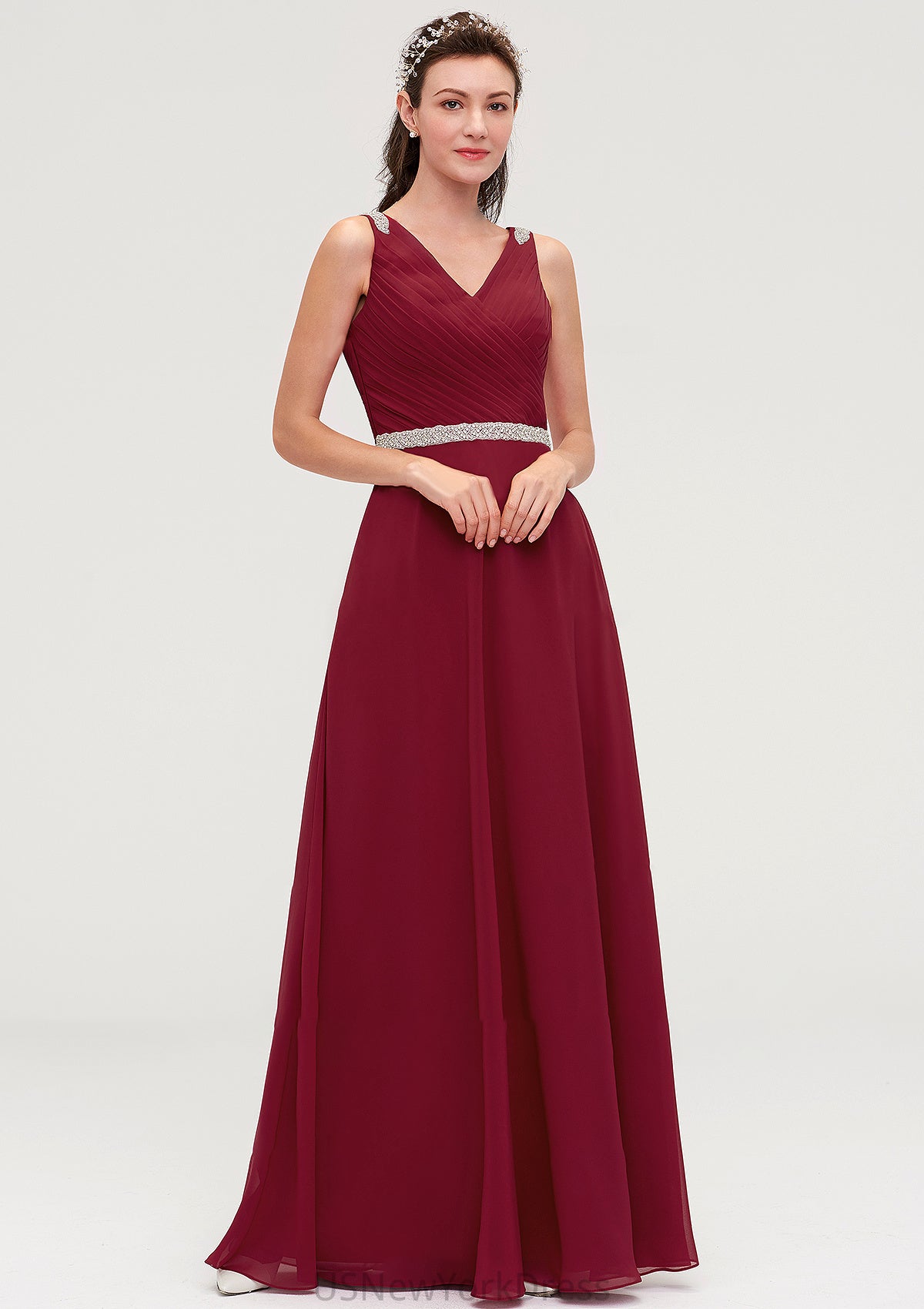 V Neck Sleeveless Chiffon A-line/Princess Long/Floor-Length Bridesmaid Dresseses With Waistband Beading Pleated Jazmine DJP0025355