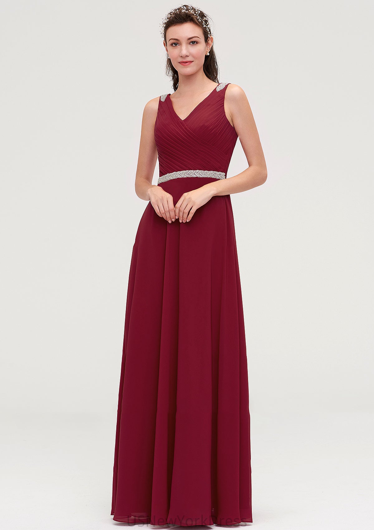 V Neck Sleeveless Chiffon A-line/Princess Long/Floor-Length Bridesmaid Dresseses With Waistband Beading Pleated Jazmine DJP0025355