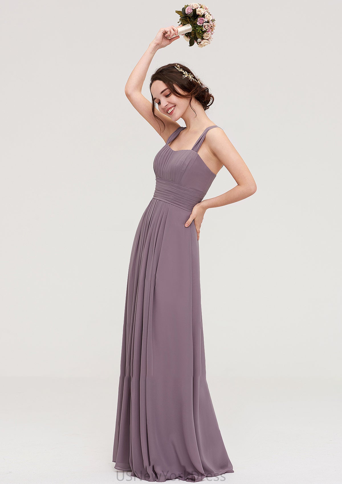 Square Neckline Sleeveless Chiffon Long/Floor-Length A-line/Princess Bridesmaid Dresses With Pleated Madelynn DJP0025356