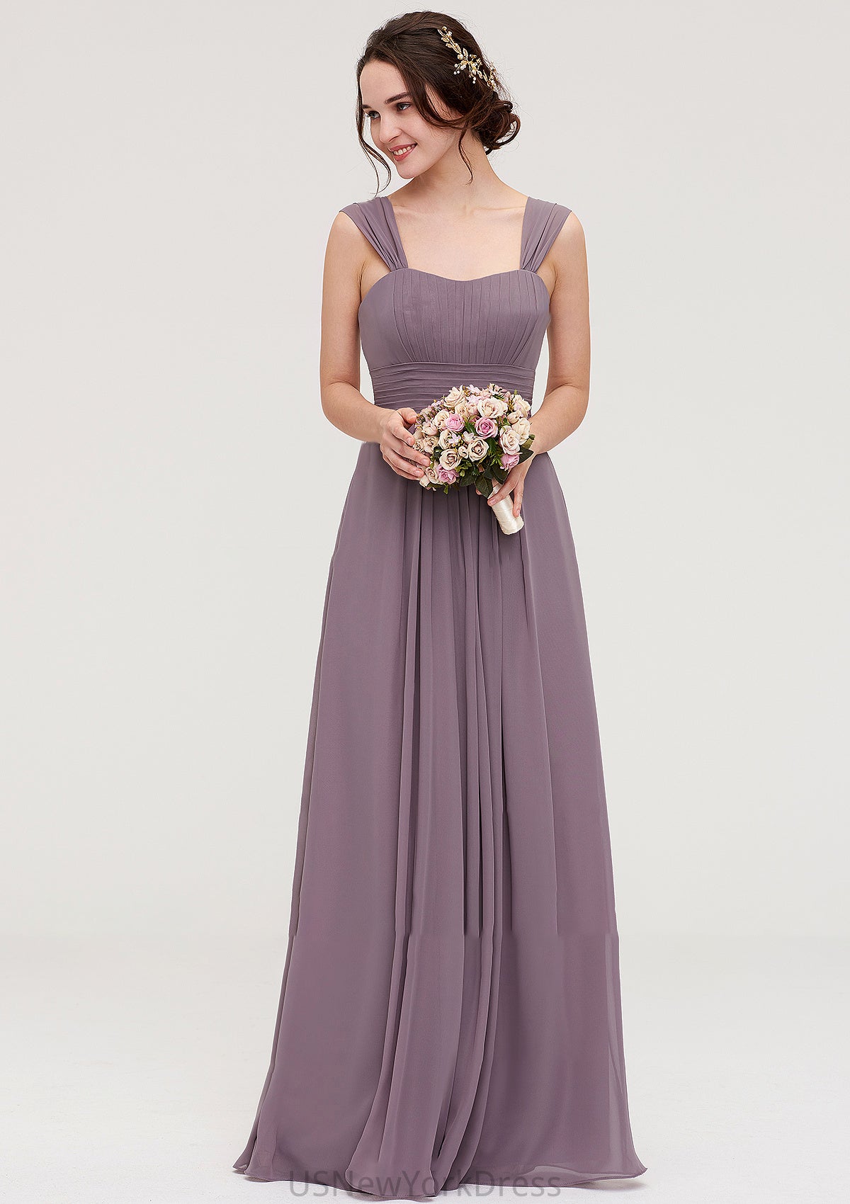 Square Neckline Sleeveless Chiffon Long/Floor-Length A-line/Princess Bridesmaid Dresses With Pleated Madelynn DJP0025356