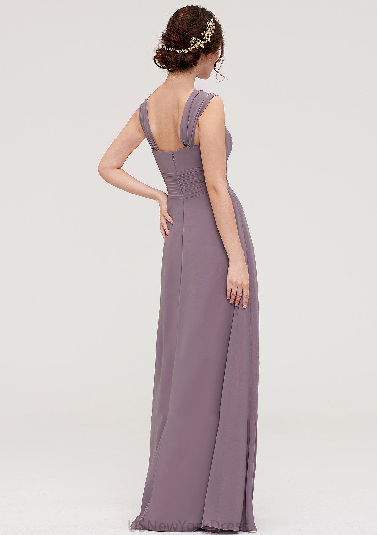 Square Neckline Sleeveless Chiffon Long/Floor-Length A-line/Princess Bridesmaid Dresses With Pleated Madelynn DJP0025356