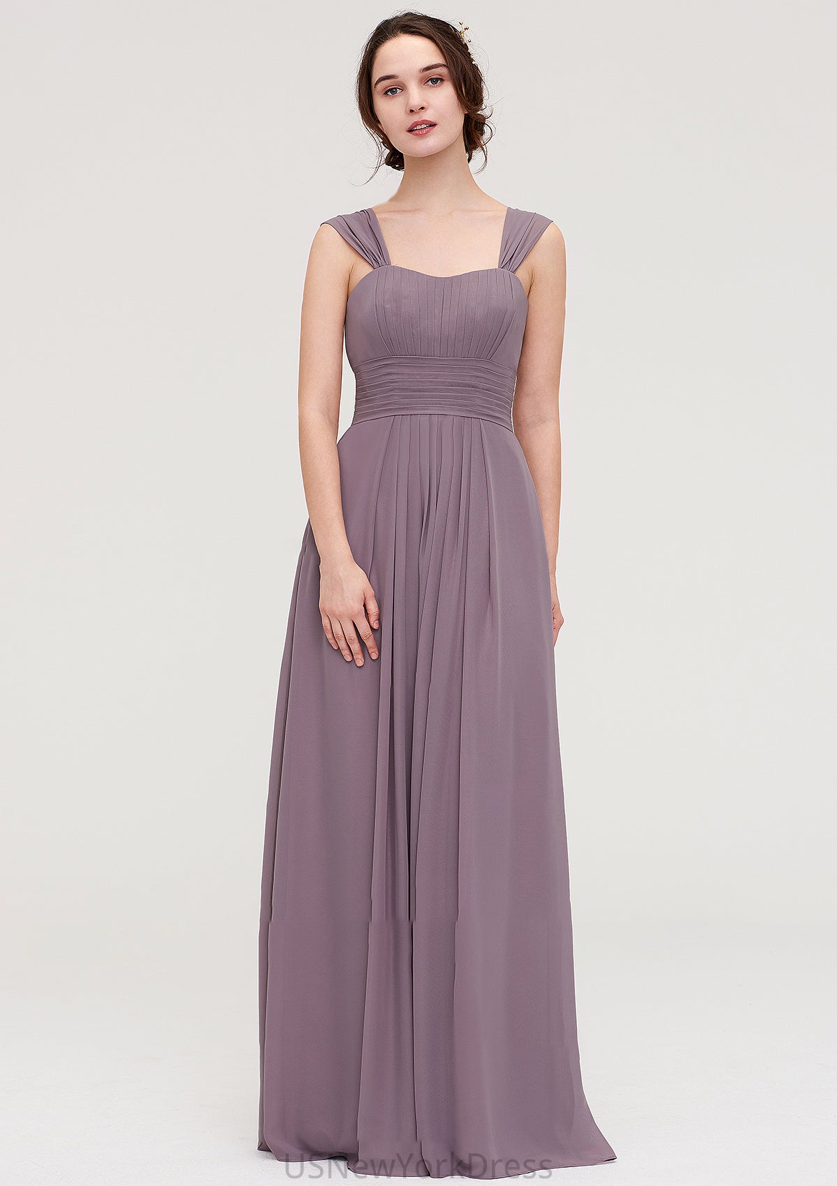 Square Neckline Sleeveless Chiffon Long/Floor-Length A-line/Princess Bridesmaid Dresses With Pleated Madelynn DJP0025356