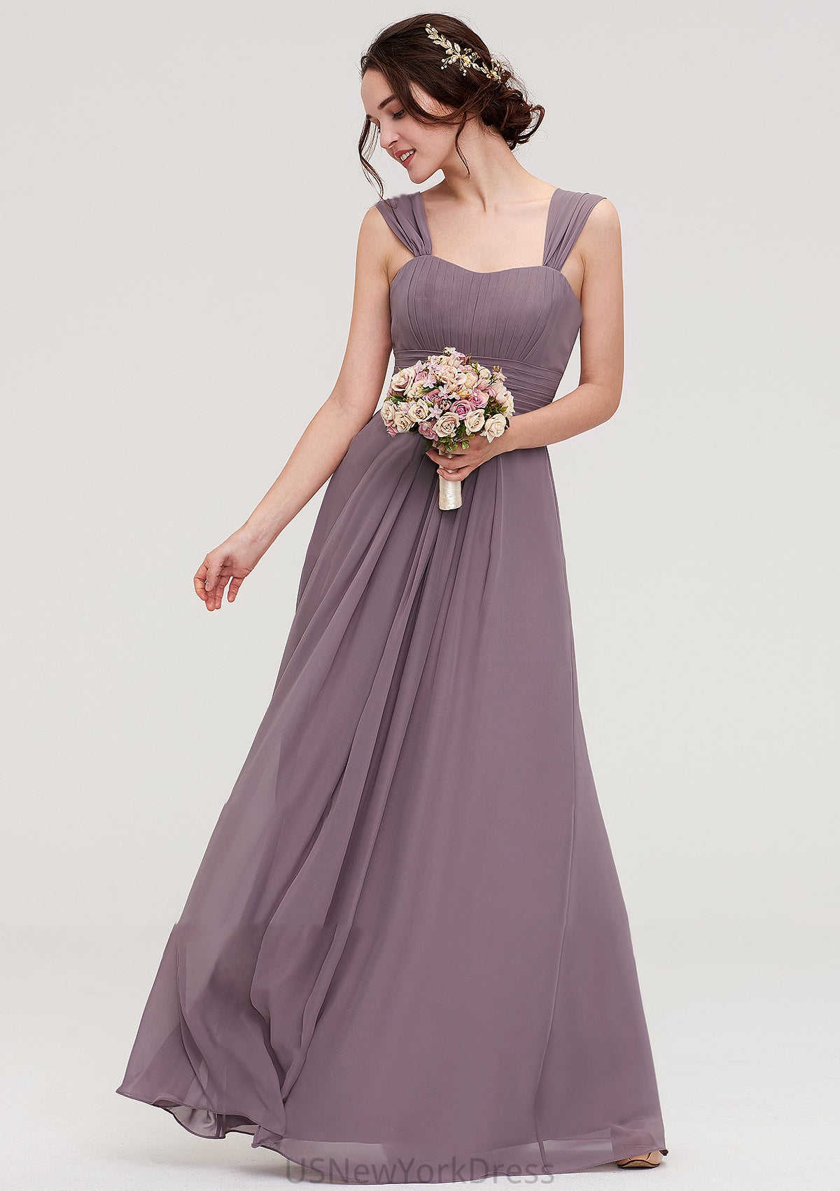 Square Neckline Sleeveless Chiffon Long/Floor-Length A-line/Princess Bridesmaid Dresses With Pleated Madelynn DJP0025356